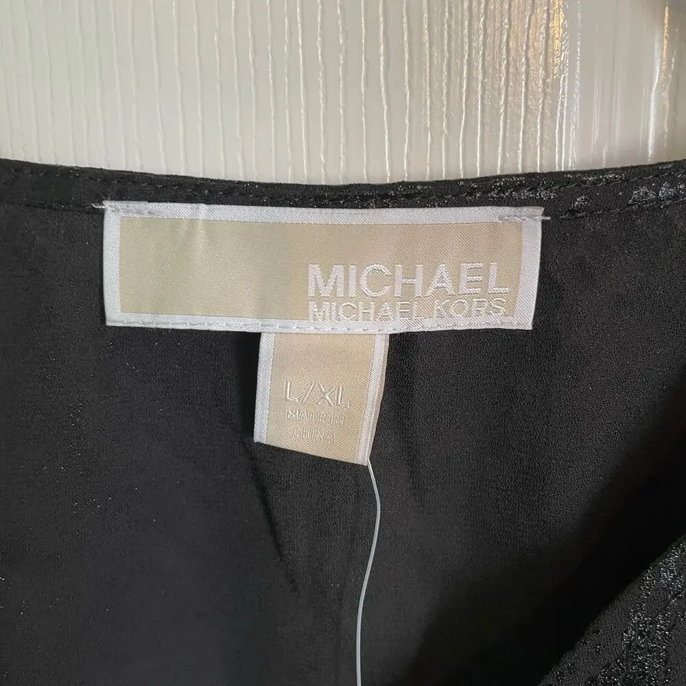 NWT Michael Kors Black Snake Textured Crepe Ring Flutter Sleeve Top Size L/XL